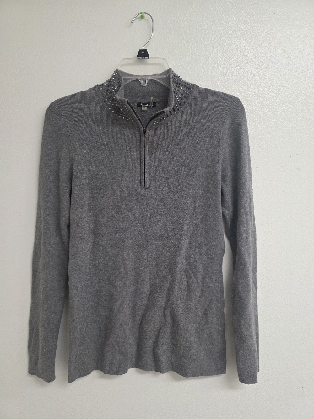 Embellished Collar Gray Quarter-Zip Women's Sweater (0383)